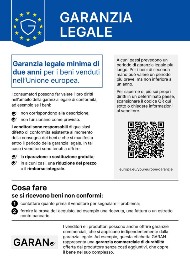 Avviso dell’Unione europea sulla garanzia legale: garanzia legale minima di due anni per i beni venduti nell’Unione europea; il venditore risponde dei difetti di conformità con riparazione o sostituzione gratuita e, in alcuni casi, riduzione del prezzo o rimborso; se il bene non è conforme, contatta subito il venditore con la prova d’acquisto. Più informazioni su europa.eu/youreurope/garanzie
