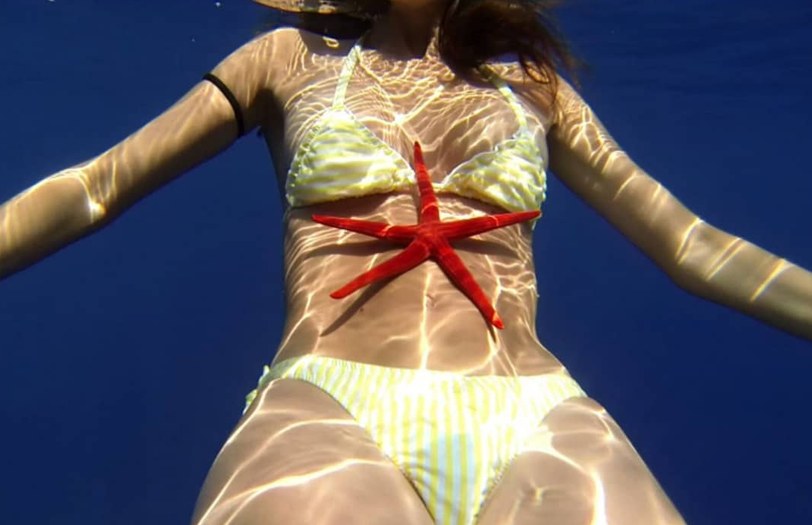 Yellow bikini and red starfish underwater