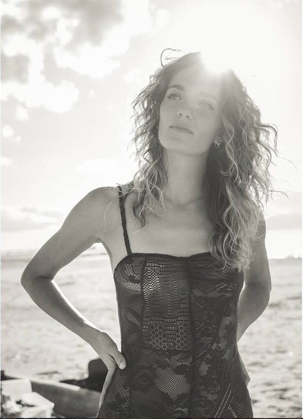 Girl in a lace swimsuit, black and white
