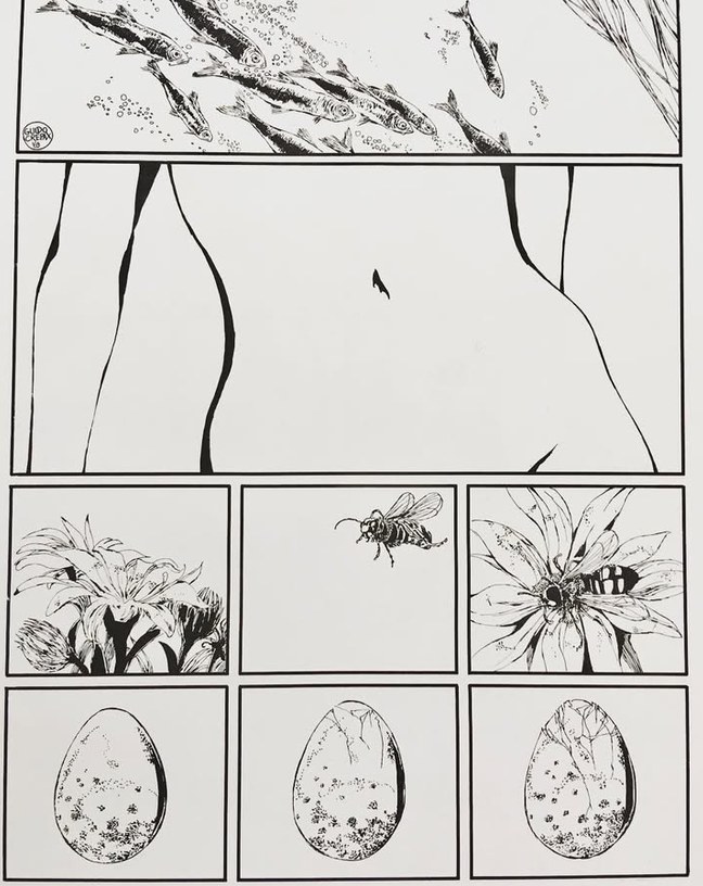 Comic strip panel with fish, bees and eggs