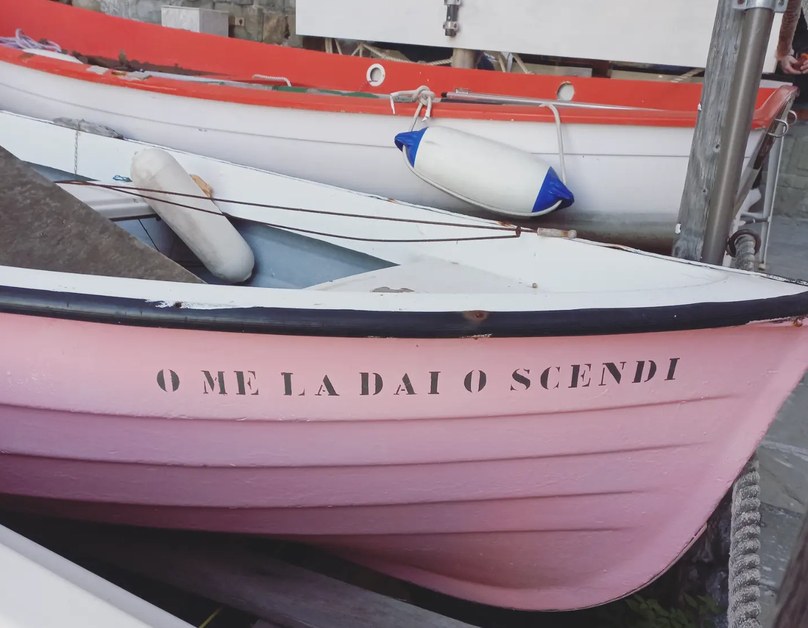 Pink boat pulled ashore with lettering on its side