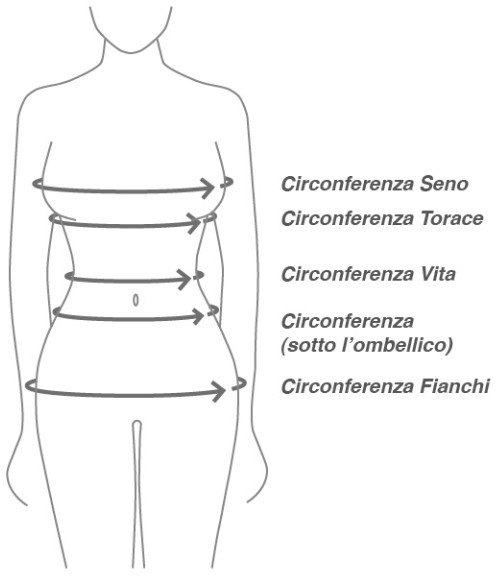 Drawing of a torso with the circumferences to measure: bust, chest (underbust), waist, below the belly button and hips