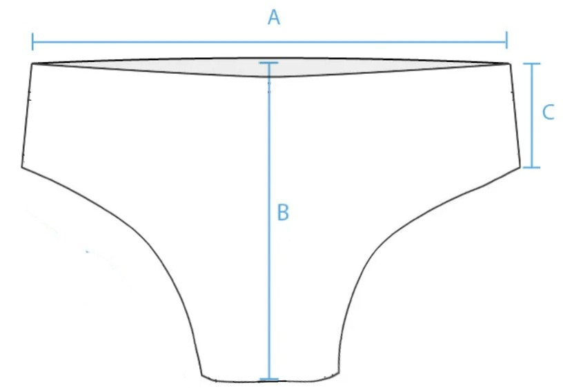 Drawing of bottoms with the three measurements: A width, B height, C side height